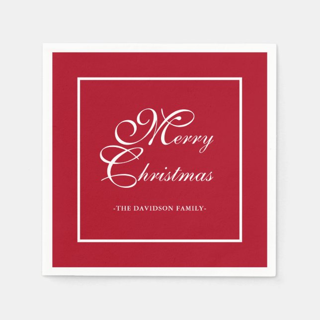 Elegant White Script Personalised Red Christmas Napkin (Front)