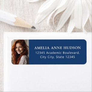 Elegant White Script Photo Blue Return Address Label