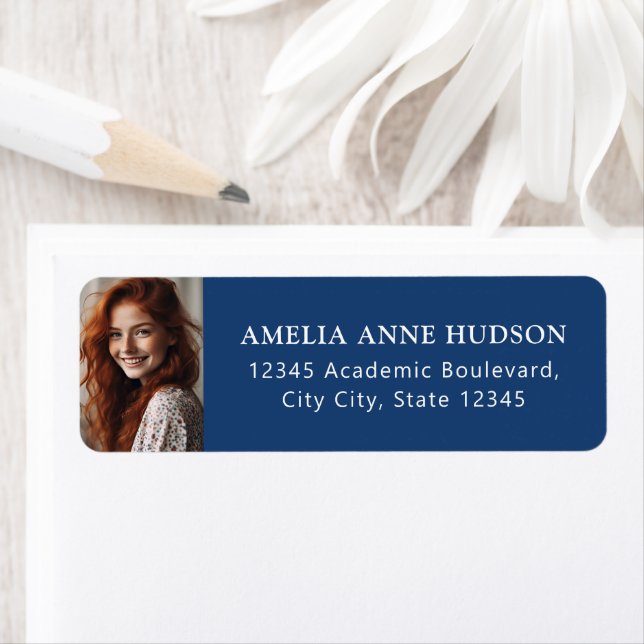 Elegant White Script Photo Blue Return Address Label (Insitu)