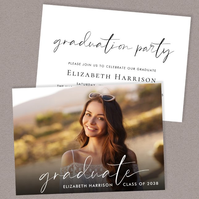 Elegant White Script Photo Graduation Party Invitation (A personalized photo graduation party invitation to celebrate the graduate's achievements)