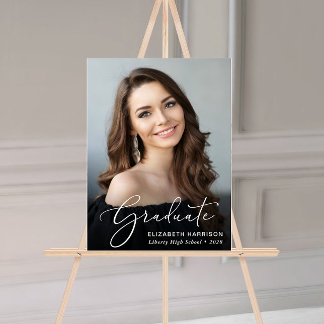 Elegant White Script Photo Overlay Graduation Acrylic Sign (Creator Uploaded)