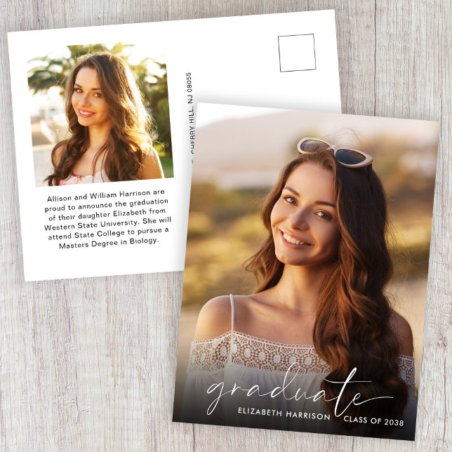 Elegant White Script Photo Overlay Graduation Announcement Postcard (Creator Uploaded)