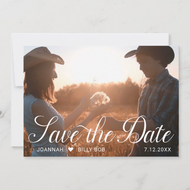 Elegant White Script Photo Rustic Wood Save The Date (Front)