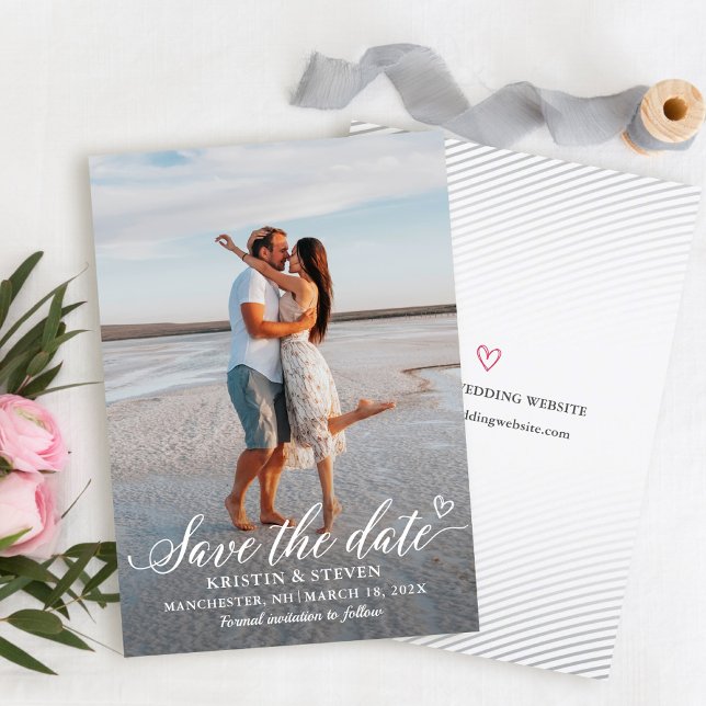 Elegant White Script Photo Save The Date Card (Creator Uploaded)