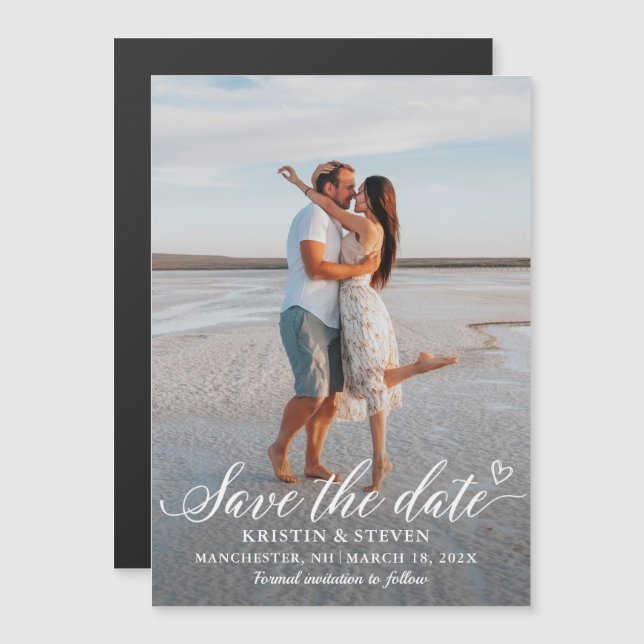 Elegant White Script Photo Save The Date Magnet (Front/Back)
