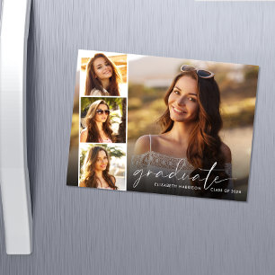 Elegant White Script Photo Strip Graduation Magnetic Invitation