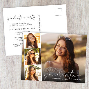 Elegant White Script Photo Strip Graduation Party Invitation Postcard