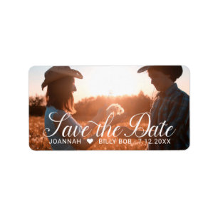 Elegant White Script Photo Wedding Save the Date Label