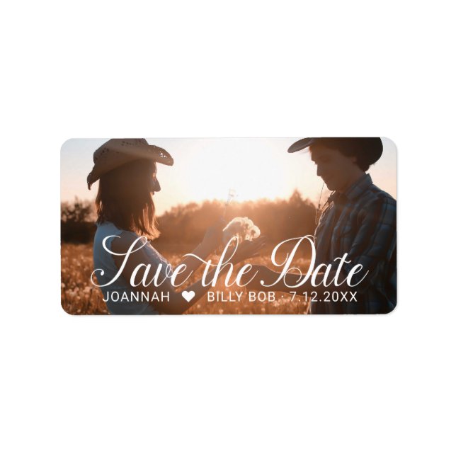Elegant White Script Photo Wedding Save the Date Label (Front)
