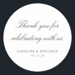 Elegant White Script Wedding Custom Thank You Classic Round Sticker<br><div class="desc">Stylish Formal Classic Traditional Script Elegant Wedding Invitation Custom Thank You Classic Round Sticker in White with Black Typography</div>