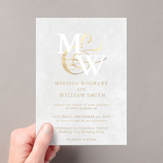 Elegant White Sea Glass Monogram Gold Wedding Acrylic Invitations
