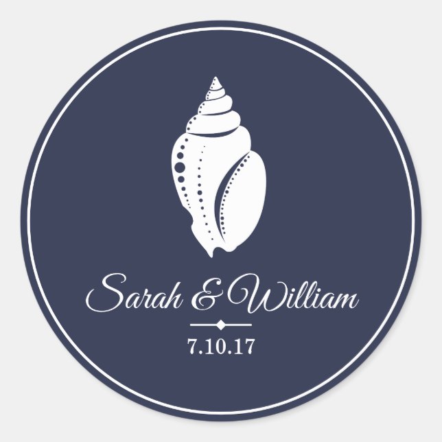 Elegant White Seashell & Navy Blue | Personalised Classic Round Sticker (Front)