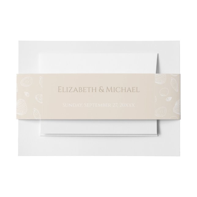 Elegant White Seashells Beige Pattern Invitation Belly Band (Front Example)