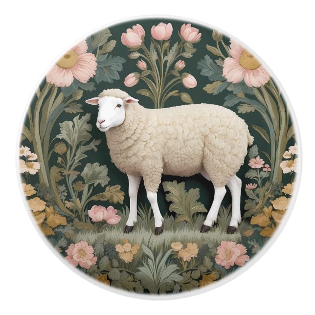 Elegant White Sheep William Morris Inspired Ceramic Knob (Front)