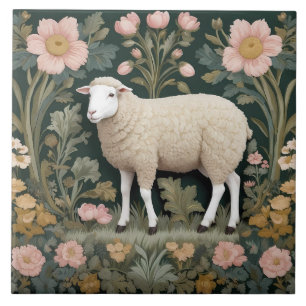 Elegant White Sheep William Morris Inspired Ceramic Tile