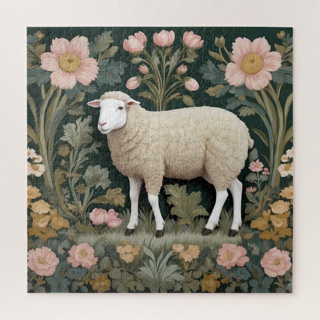 Elegant White Sheep William Morris Inspired Jigsaw Puzzle (Vertical)