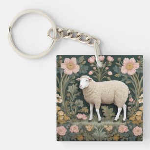 Elegant White Sheep William Morris Inspired Key Ring