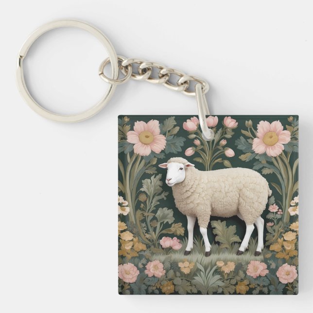 Elegant White Sheep William Morris Inspired Key Ring (Front)