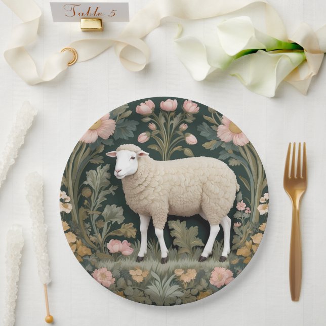 Elegant White Sheep William Morris Inspired Paper Plate (Wedding)