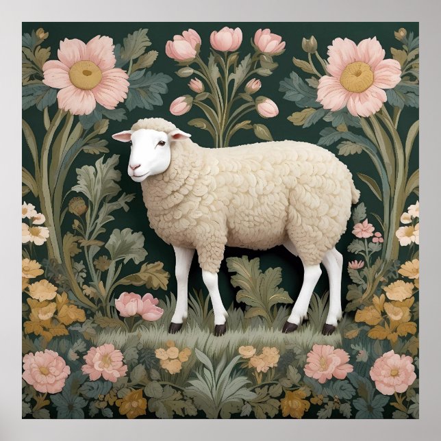 Elegant White Sheep William Morris Inspired Poster (Front)