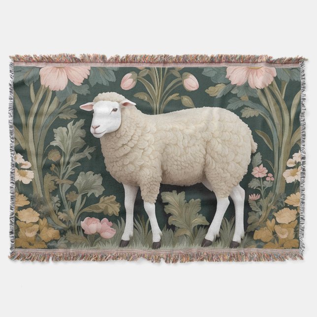 Elegant White Sheep William Morris Inspired Throw Blanket (Front)