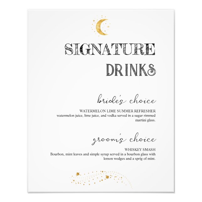 Elegant White Signature Drinks Wedding Bar Poster (Front)