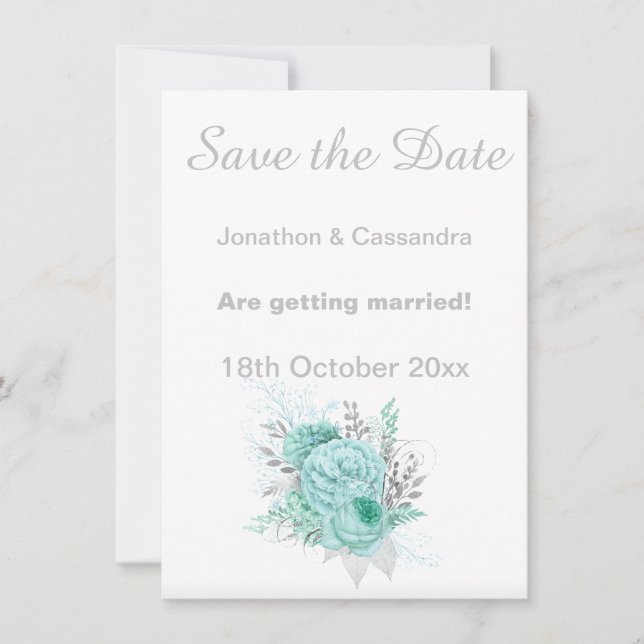 ELEGANT WHITE SILVER AQUA FLORAL SAVE THE DATE (Front)