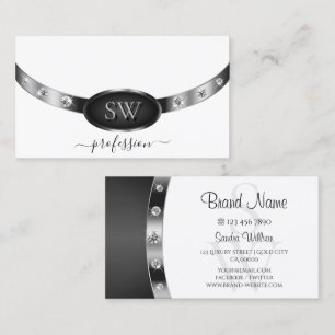 Elegant White Silver Black with Initials Diamonds Business Card