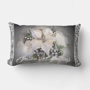 Elegant White & Silver Christmas Poinsettia Lumbar Cushion