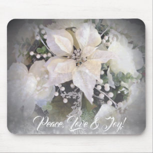 Elegant White & Silver Christmas Poinsettia Mouse Pad