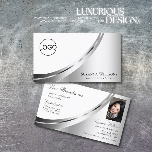 Elegant White Silver Decor with Logo and Photo Business Card (Creator Uploaded)