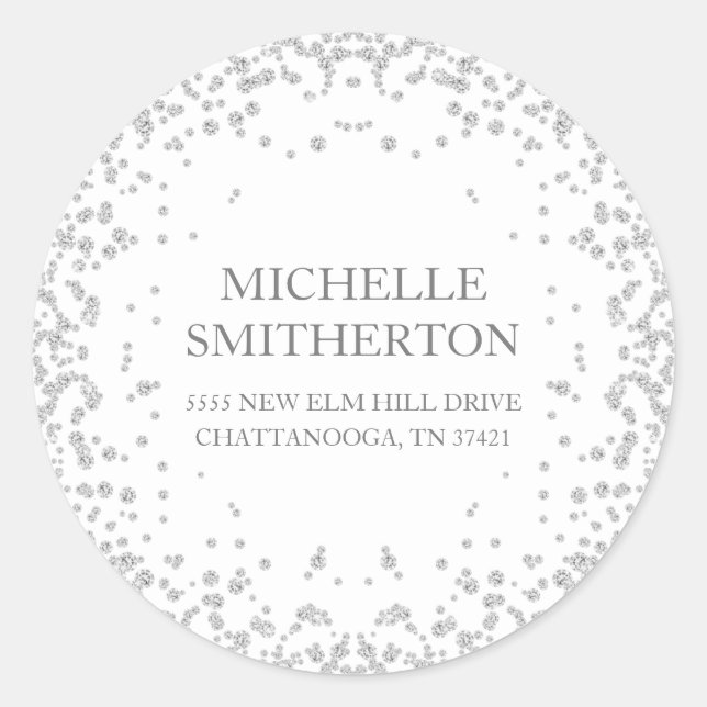 Elegant White Silver Diamond Glitter Address Classic Round Sticker (Front)