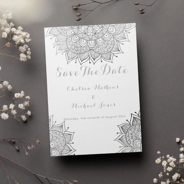 Elegant white silver floral mandala Save The Date Invitation (Elegant white silver floral mandala Save The Date Invitation)