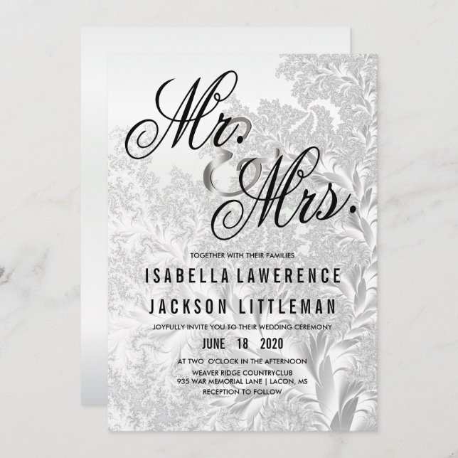 Elegant White Silver Fractal Wedding Invitation (Front/Back)