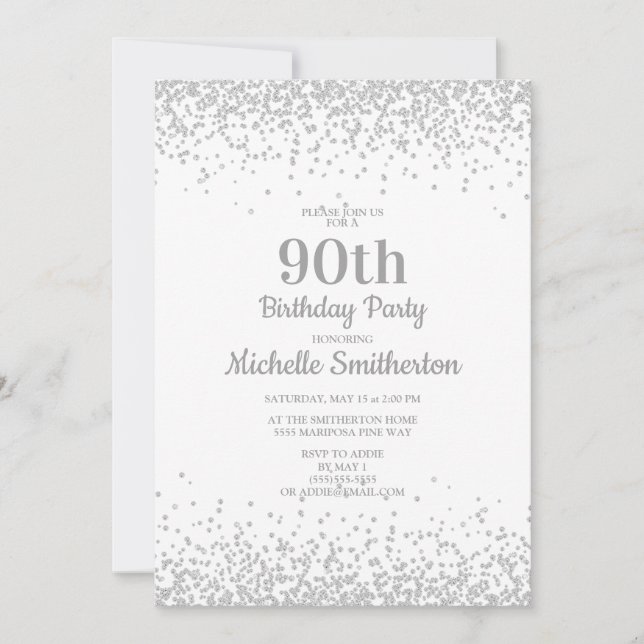 Elegant White Silver Glitter 90th Birthday Invitation (Front)