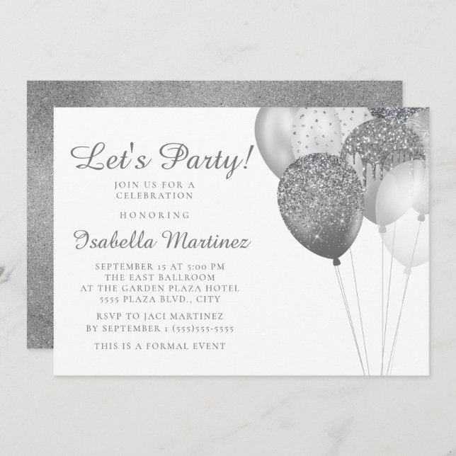 Elegant White Silver Glitter Balloons Sweet 16  Invitation (Front/Back)