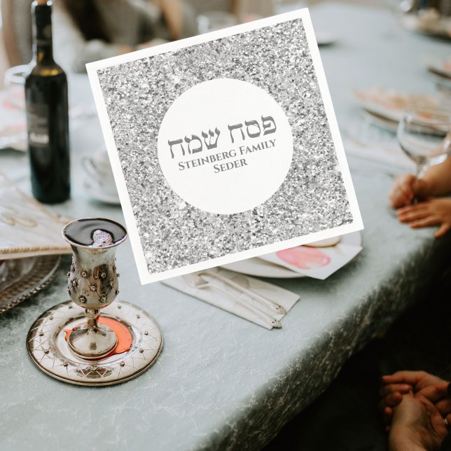 Elegant White Silver Glitter Hebrew Happy Passover Napkin (Creator Uploaded)