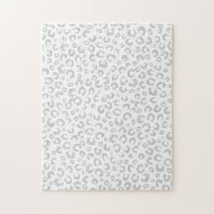Elegant White Silver Glitter Leopard Animal Print Jigsaw Puzzle