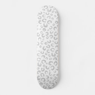 Elegant White Silver Glitter Leopard Animal Print Skateboard
