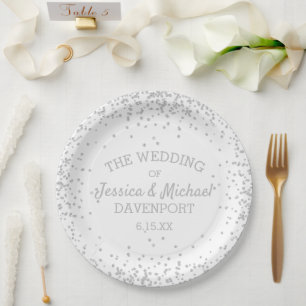 Elegant White Silver Glitter Wedding Reception Paper Plate