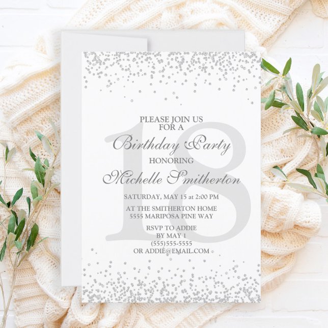 Elegant White Silver Grey Glitter 18th Birthday Invitation (Creator Uploaded)