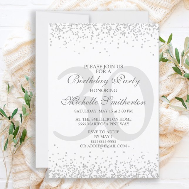 Elegant White Silver Grey Glitter 30th Birthday Invitation (Creator Uploaded)