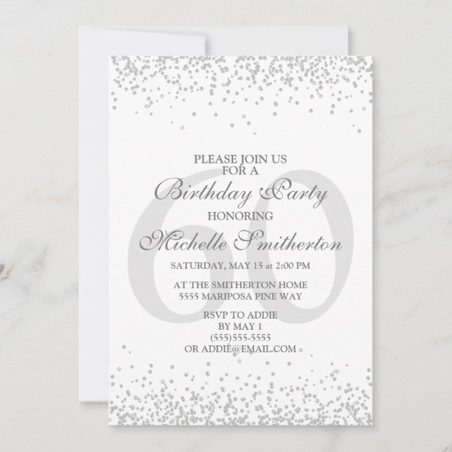 Elegant White Silver Grey Glitter 60th Birthday Invitation (Front)