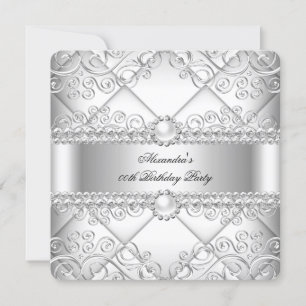 Elegant White Silver Lace Pearl Birthday Party Invitation