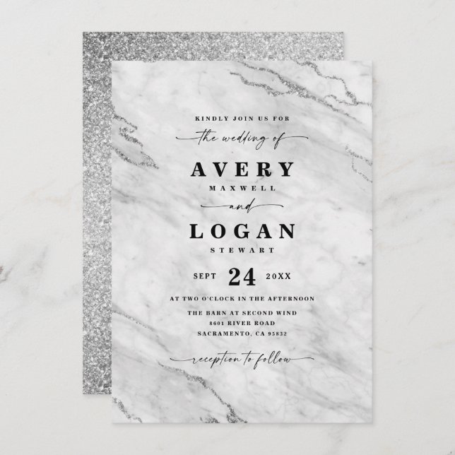 Elegant White & Silver Marble & Glitter Wedding Invitation (Front/Back)