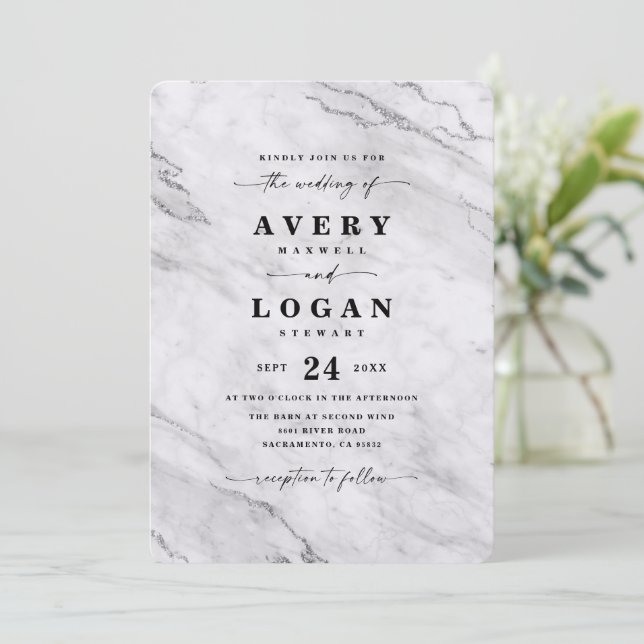 Elegant White & Silver Metallic Marble Wedding Invitation (Standing Front)