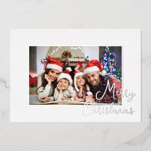  Elegant White Silver Personalised Photo Christmas Foil Holiday Card (Front)