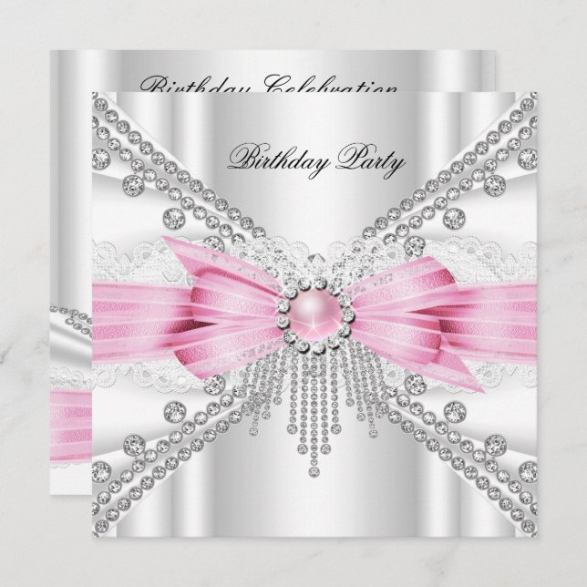 Elegant White Silver Pink Diamond Birthday Party Invitation (Front/Back)
