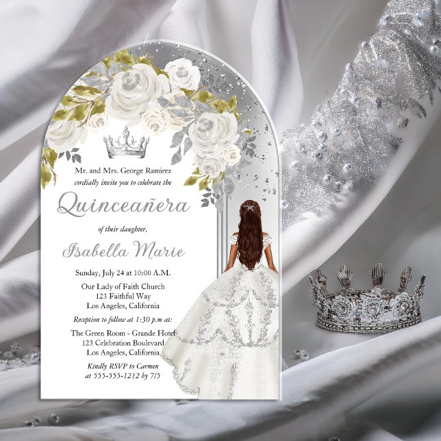 Elegant White Silver Rose Floral Quinceañera Party Acrylic Invitations (Elegant White Rose | Silver Floral Princess-Theme Brunette Dk Haired Quinceañera Acrylic Invitation)