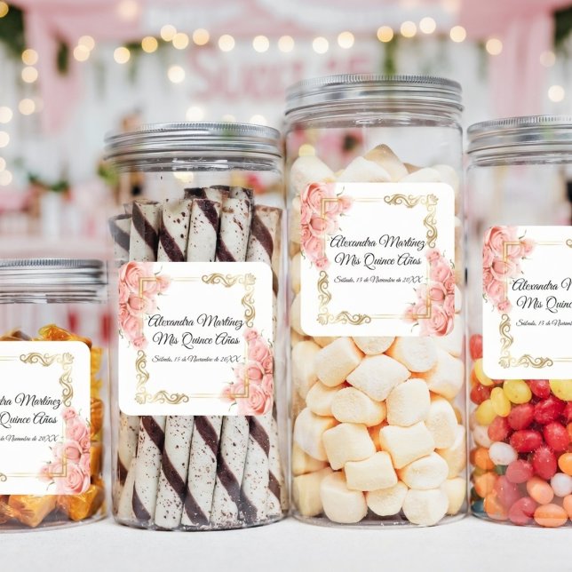 Elegant White Simple Pink Rose Gold Quinceañera Square Sticker (Creator Uploaded)